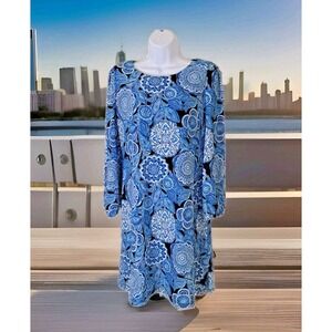 Tommy Hilfiger Dress 10 Blue Floral Sheath Long Sleeve Back Zip Shift Stretch